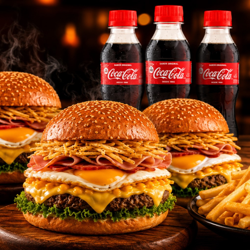 Combo contendo: 03 Egg Burgue (Pão, carne, presunto, mussarela, ovo, tomate, alface,milho e batata palha.) Aprox 250 gr de Batata Fritas 03 refrigerante lata 200ml (o sabor que estiver disponivel).Imagem meramente ilustrativa.