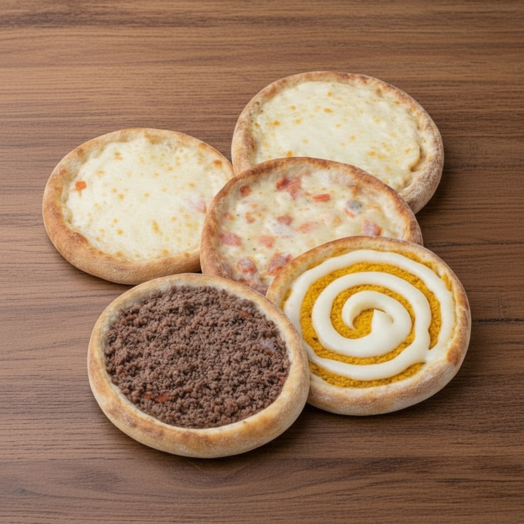 5 Esfihas Carnes, 5 Esfihas Queijo Mussarela, 5 Esfihas Bauru, 5 Esfihas Frango c/ Catupiry