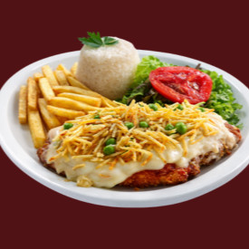 fgo milanesa c/ presunto, palmito, ervilhas, cream-cheese, queijo e coberto de batata palha. Acompanha arroz, feijão, farofa e fritas. Foto ilustrativa