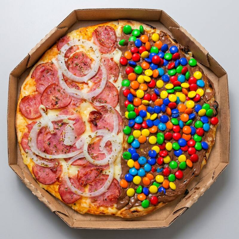 Deliciosa pizza grande artesanal 8 fatias, metade calabresa e metade chocolate com avelã e m&ms.
1/2 Pizza Calabresa - Molho especial, mussarela, calabresa, cebola e orégano.
1/2 Pizza Disqueti - Creme de leite, chocolate com avelâ e m&sm.