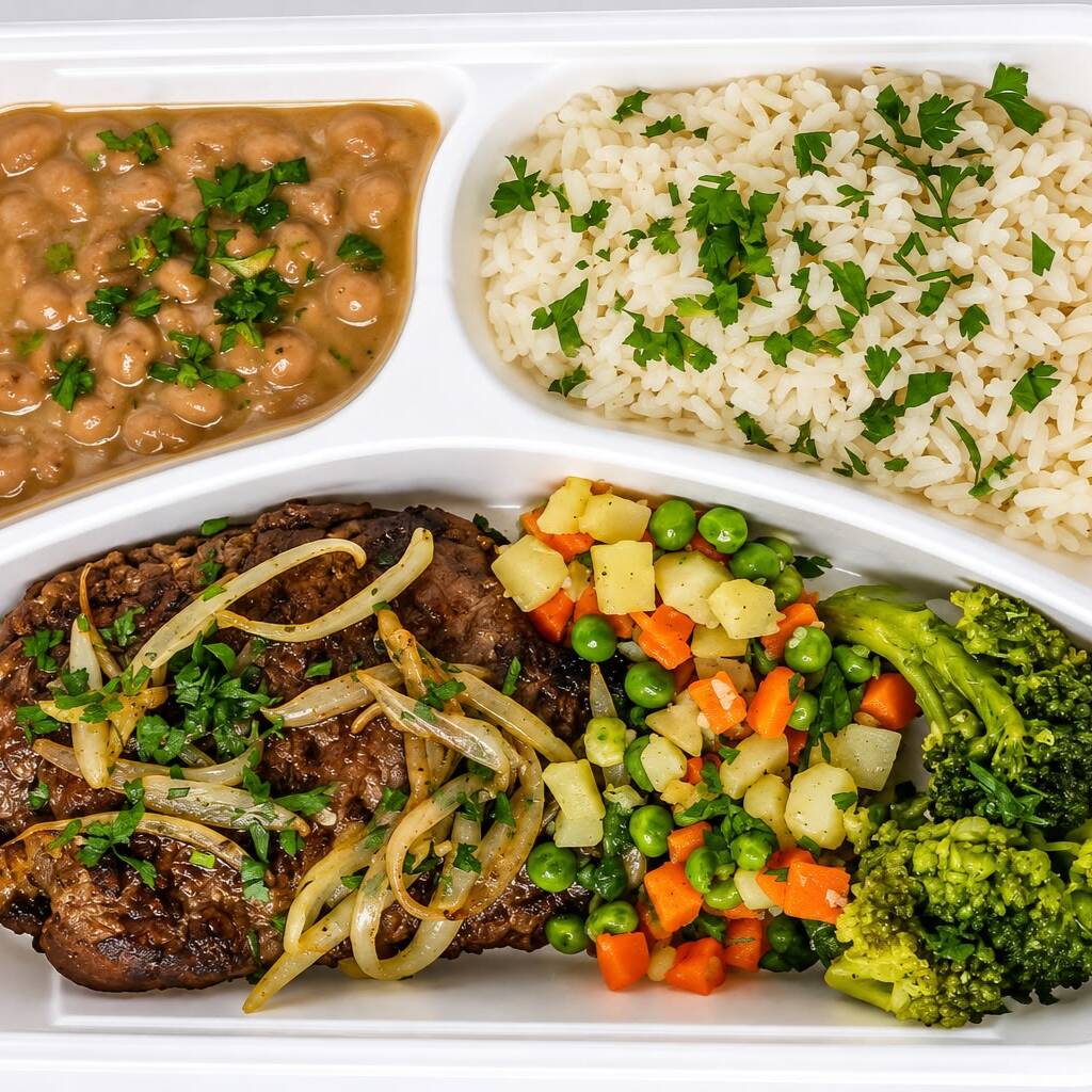 130 g de patinho grelhado, 120 g de arroz, 80 g de feijão e 100 g de legumes. Uma refeição completa e saborosa, com uma combinação equilibrada de proteína, carboidratos e vegetais para o Dia a Dia. ≈ 500 kcal | ≈ 43 g de proteína.