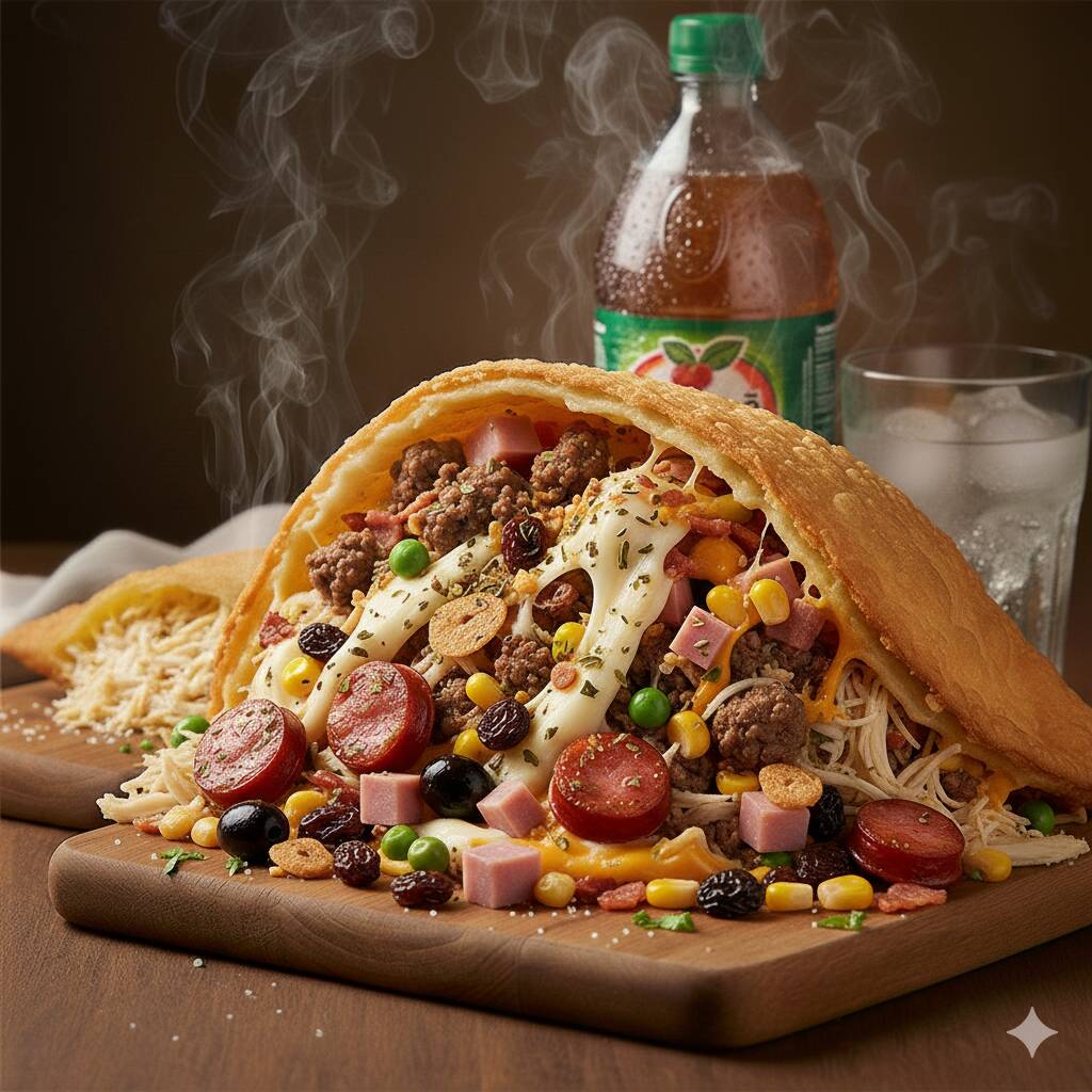 Um delicioso e crocante pastel recheado com frango, carne, calabresa, presunto, queijo, bacon, passas, milho, ervilha, cheddar, catupiry, azeitona, alho torrado e orégano. Nossa massa é de 22cm.