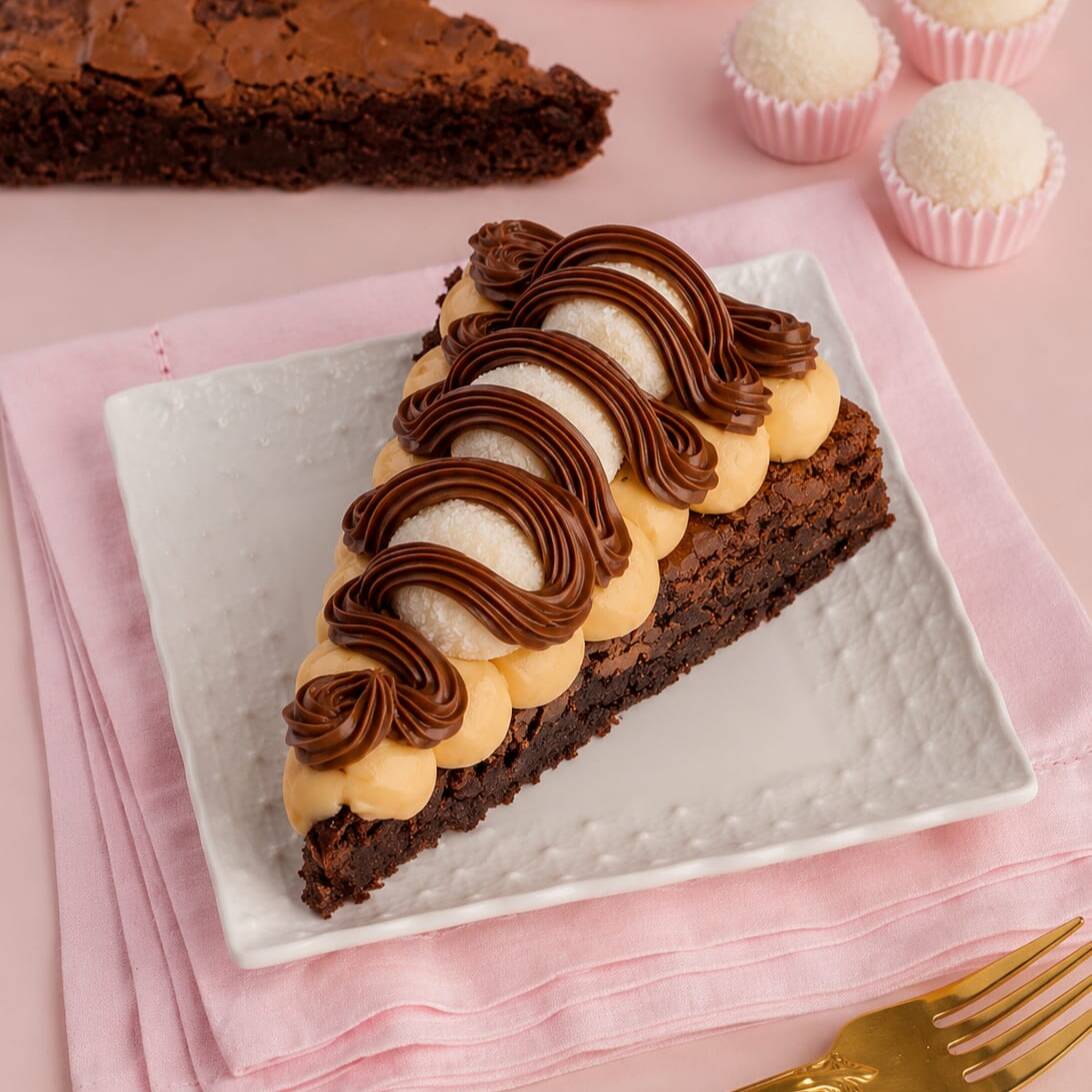 Brownie de chocolate super úmido, coberto com um generoso brigadeiro de Ninho, fios de creme de avelã e finalizado com deliciosos docinhos de Ninho. Uma combinação irresistível, cremosa e perfeita para quem ama sobremesas bem recheadas.
Peso aprox 200 g