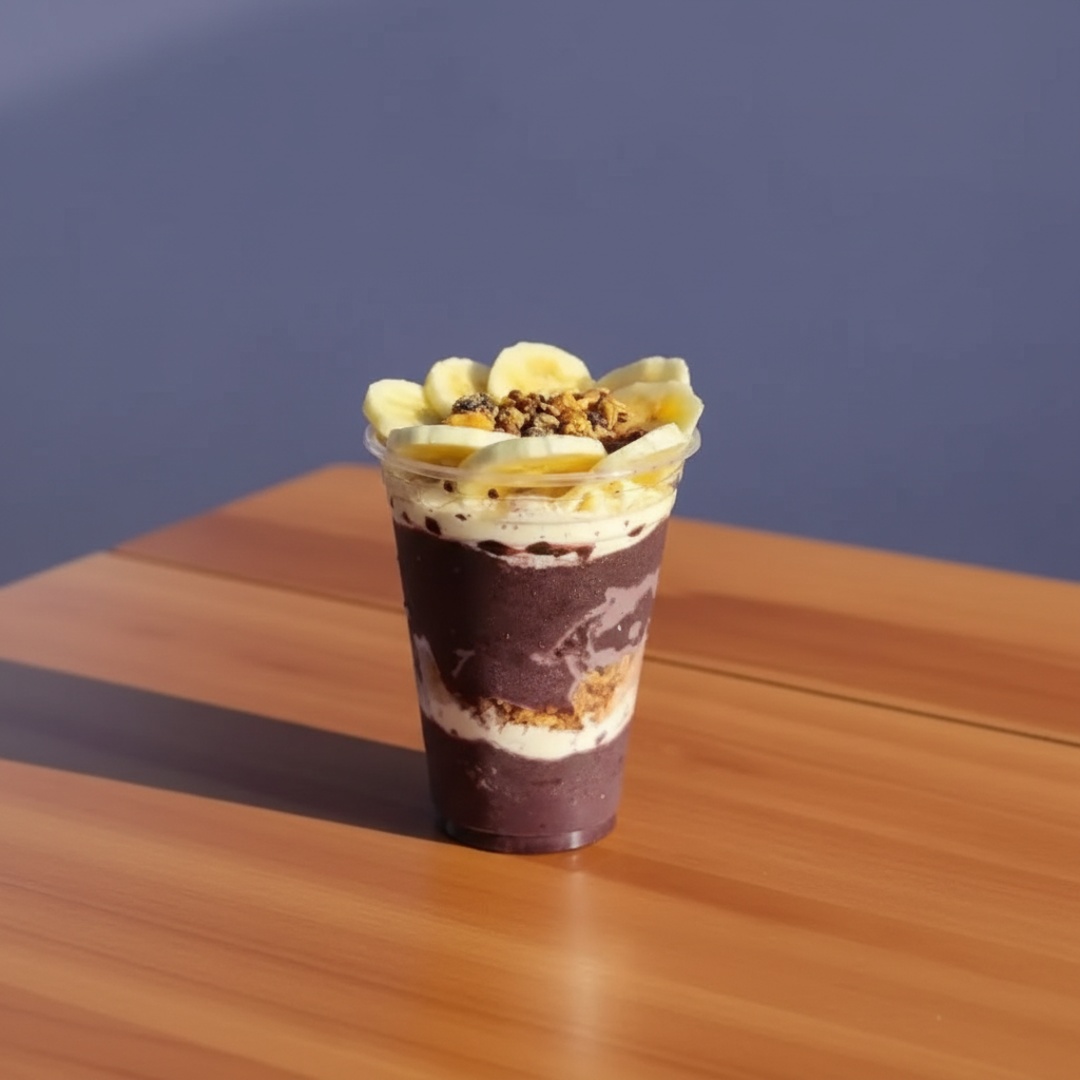Delicioso açaí gourmet sem adição de açúcar, conservantes e glúten, acompanhado de leite em pó, leite condensado, granola e banana