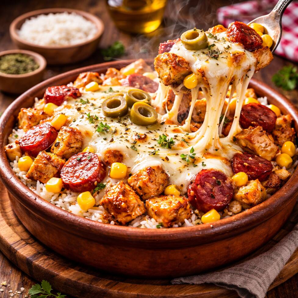 Panelinha composta por arroz, peito de frango em cubos, linguiça calabresa, milho e para finalizar muçarela gratinada, azeitona e orégano.