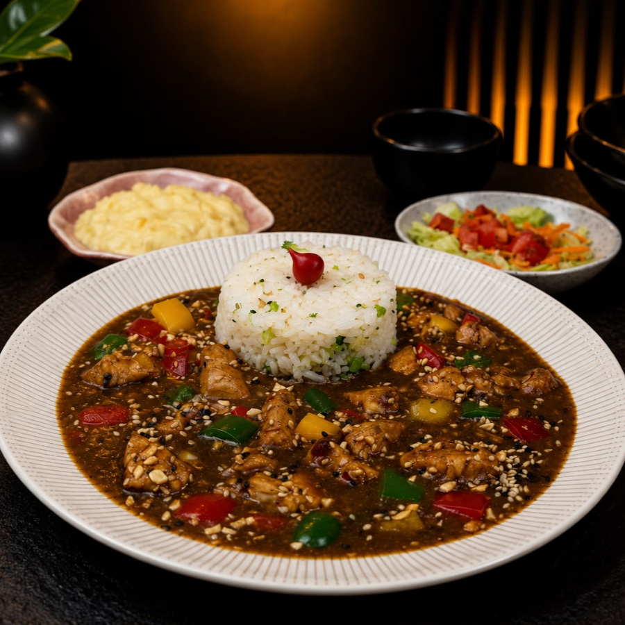 Tiras de frango suculentas salteadas no molho shoyu com pimentão verde, vermelho e amarelo, cebola, tomate e amendoim crocante. Finalizado com gergelim. Um clássico que não sai de moda. Escolha dois acompanhamentos pra deixar seu prato ainda mais saboroso.