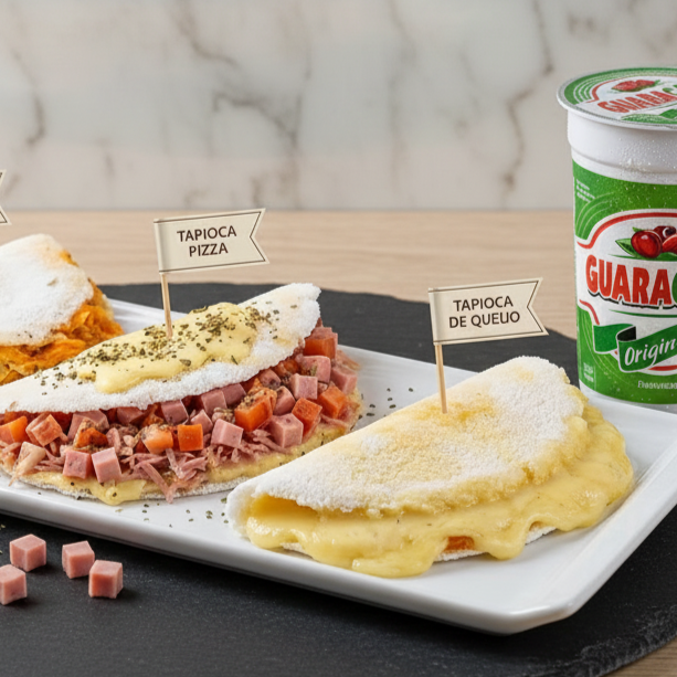 Aproveite 3 mini tapiocas nos sabores frango, queijo e pizza, preparadas na hora e recheadas na medida certa. Acompanha 1 Guaracamp bem gelado, formando um combo delicioso e perfeito para qualquer hora do dia!