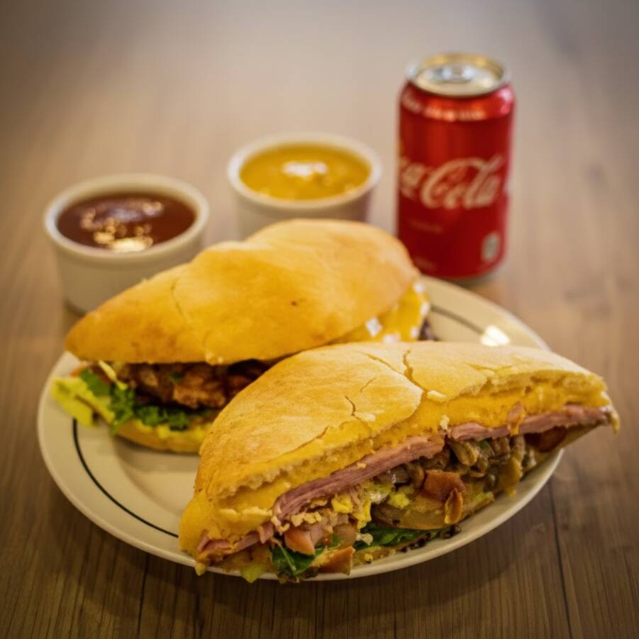 Bacon, ovo, atum, presunto, queijo, salada e maionese.