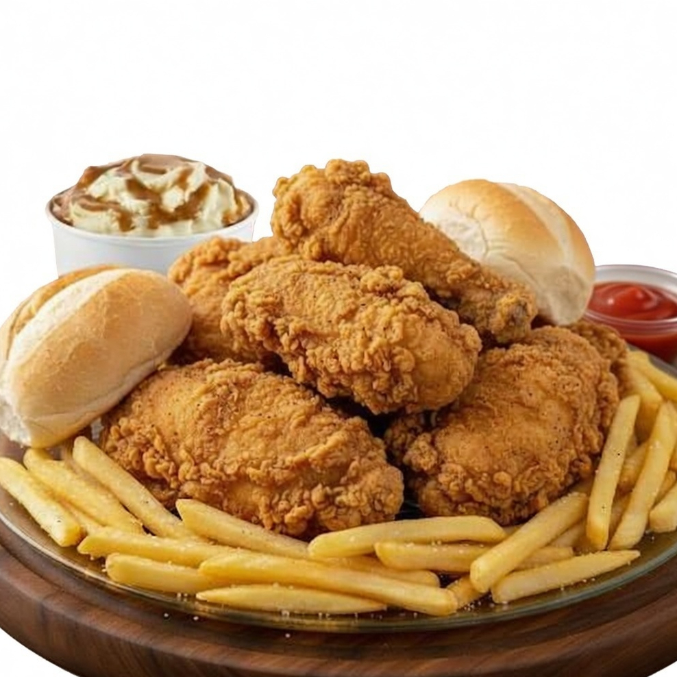 8 piezas de pollo estilo kentucky + 2 complementos