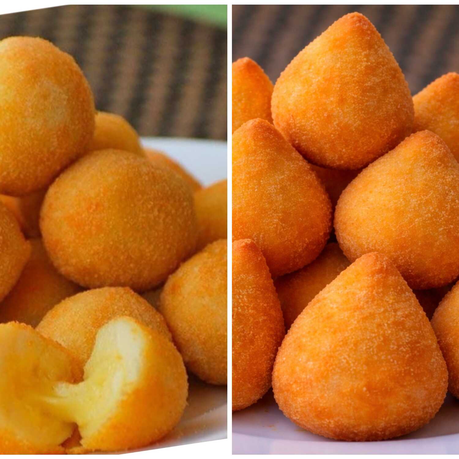 5 unidades de mini coxinha com requeijão cremoso e 5 unidades de bolinha de queijo.