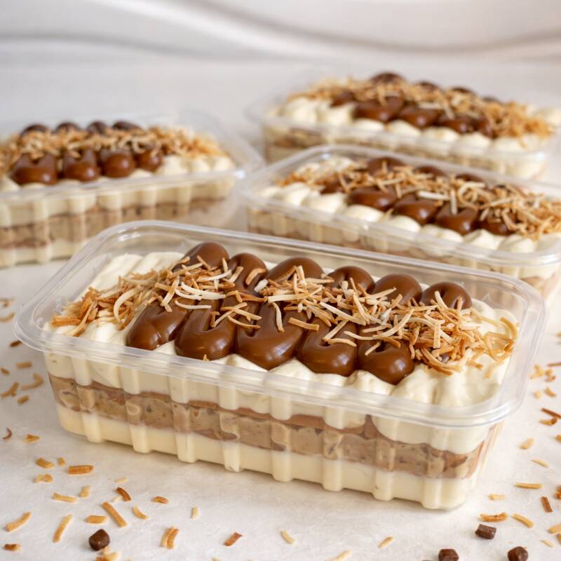 Pavê de Coco Queimado – 250ml Delicioso pavê montado em camadas: mousse de Ninho super cremosa, biscoito de maizena, brigadeiro cremoso de coco queimado, mais uma camada de biscoito de maizena, novamente mousse de Ninho, finalizado com uma generosa cobertura de doce de leite. Uma sobremesa cremosa, equilibrada e cheia de sabor, perfeita para quem ama coco queimado e doces bem caprichados. Tamanho: Pote 250ml- Peso aprox. 300gr