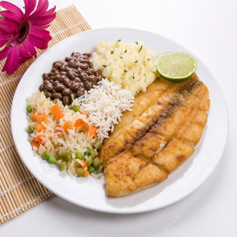 Arroz, feijão tropeiro ou de caldo, mandioca e vinagrete