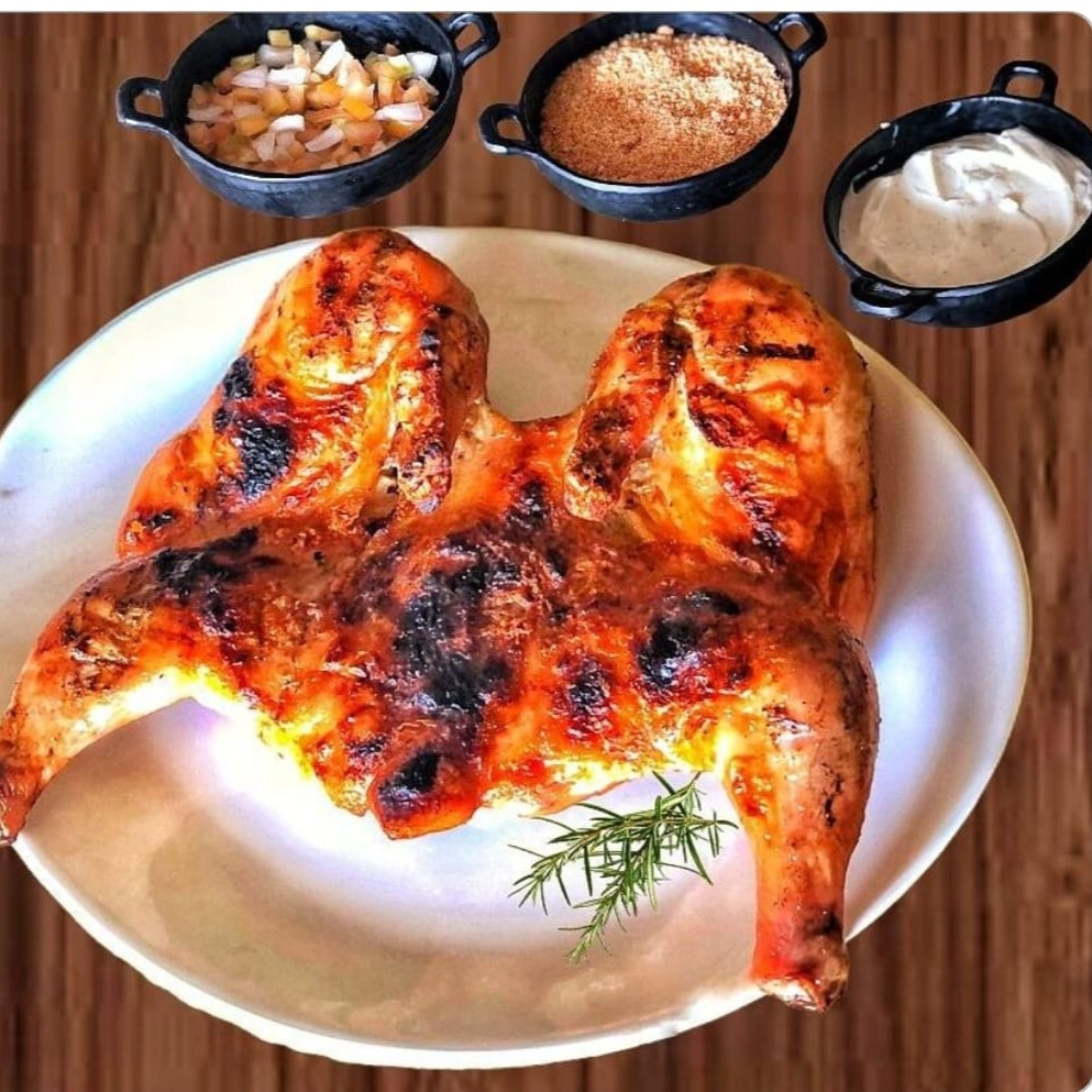 1 Galeto inteiro com osso, Adicionais: Farofa+ vinagre+ molho de alho