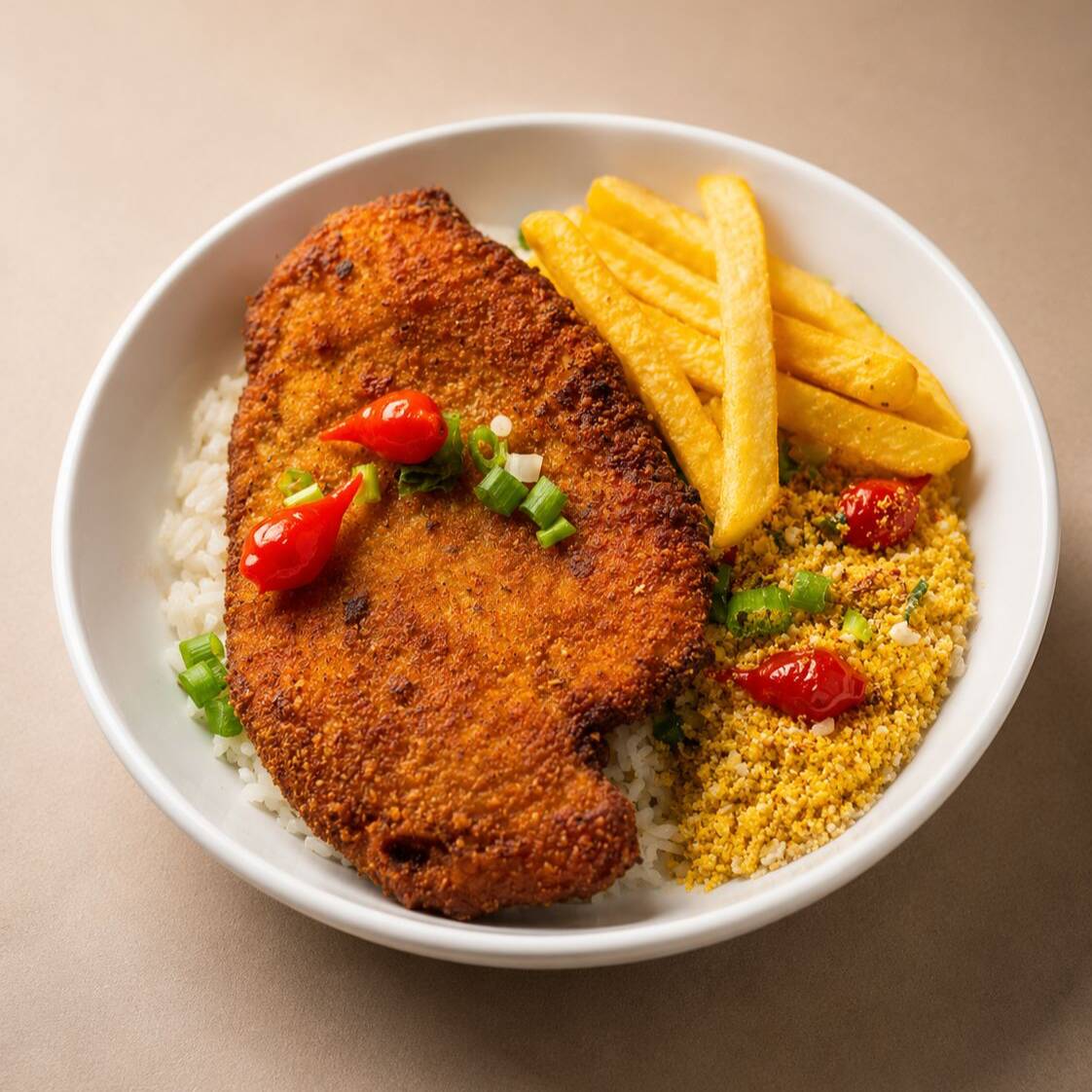 Filé de frango empanado à perfeição, servido com arroz, feijão e farofa. Opte por batata frita ou macarrão alho e óleo para um toque especial. Porção individual.