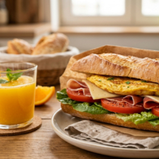 Sandwich de Huevo, Jamon y Queso + Jugo de Naranja