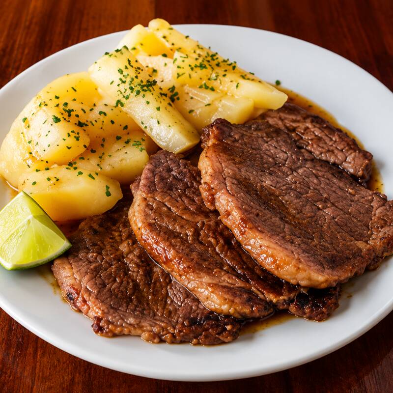 Cupim acompanhado de mandioca, servido em porção de aproximadamente 500g. Uma combinação bem servida, saborosa e com aquele perfil mais tradicional de refeição.