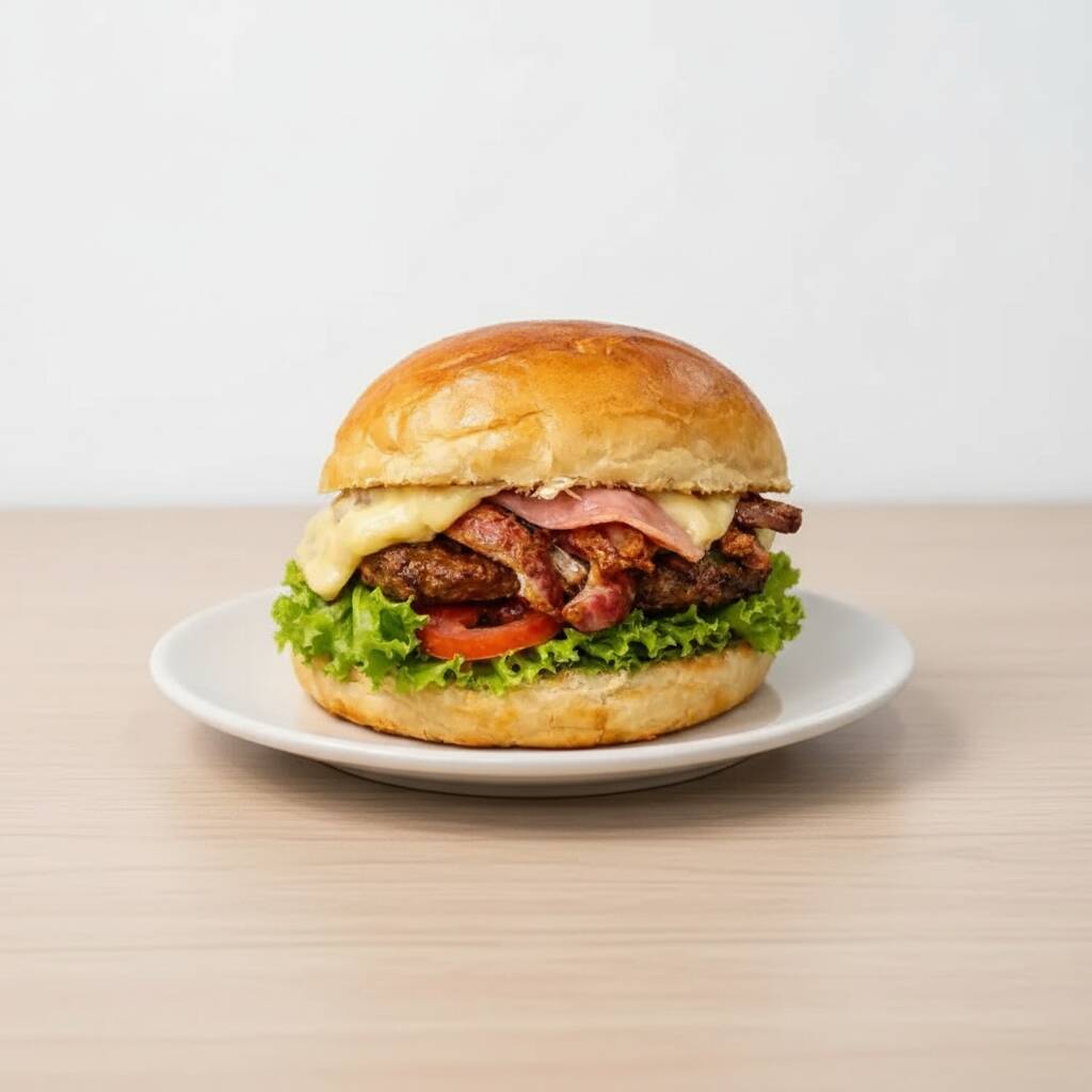 Pao d´agua, hamburguer, presunto e queijo mussarela