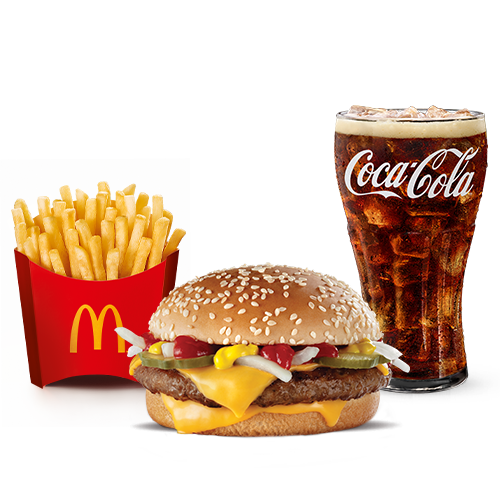 Um hambúrguer (100% carne bovina), queijo cheddar, picles, cebola, ketchup, mostarda e pão com gergelim, acompanhamento e bebida.