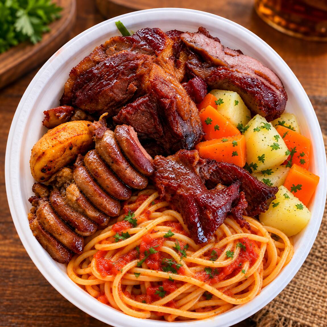 Churrasco com carne e linguiça, acompanhado de arroz, feijão de caldo, macarrão e verduras com batatinha e cenoura. Uma refeição completa, bem servida e cheia de sabor, perfeita para matar a fome com aquele gostinho de comida caseira.