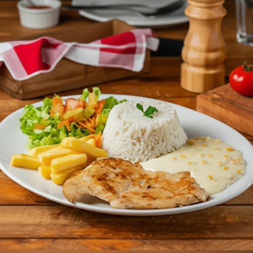 Arroz, creme de milho, salada, batata frita e um delicioso filé de frango.