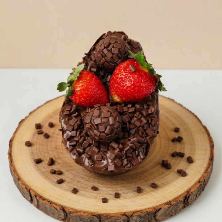 Delicioso Brownie com camada de chocolate derretido, com cremoso brigadeiro chocolatudo. Finalizado com brigadeiros deliciosos de enrolar, granule puro chocolate e morangos!