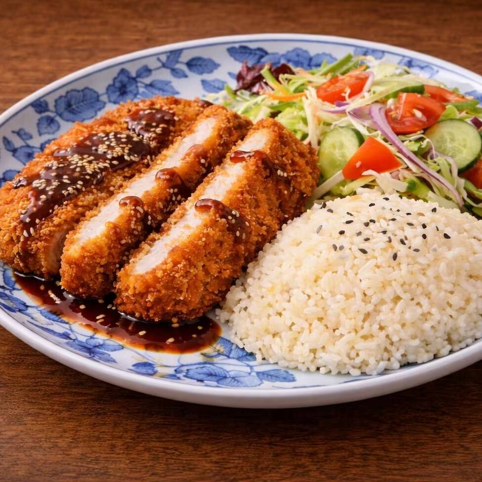 Arroz frito japonês feito com ovos, temperos especiais e cebolinha, servido com um suculento empanado (katsu)!