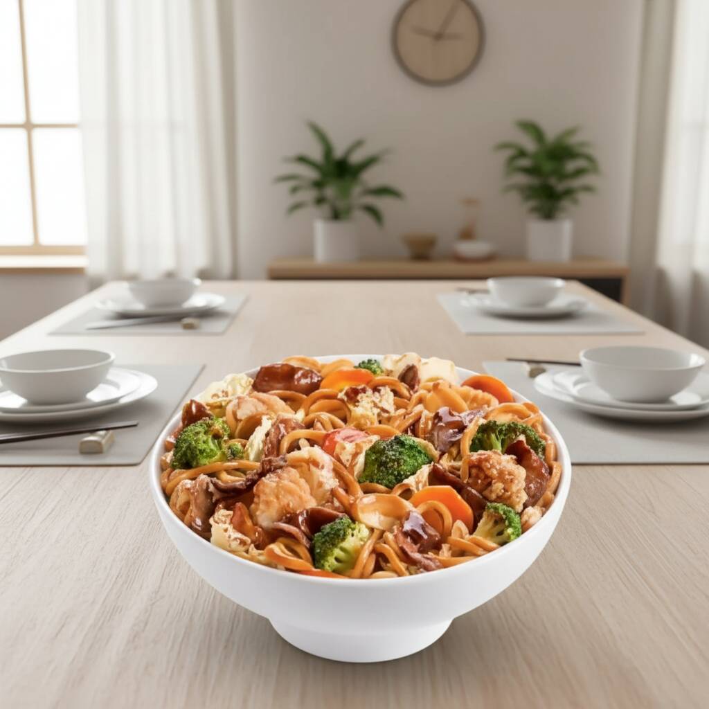 Macarrão, cebola refogada ao óleo de gergelim, cenoura, brócolis, repolho e proteínas de frango e carne.