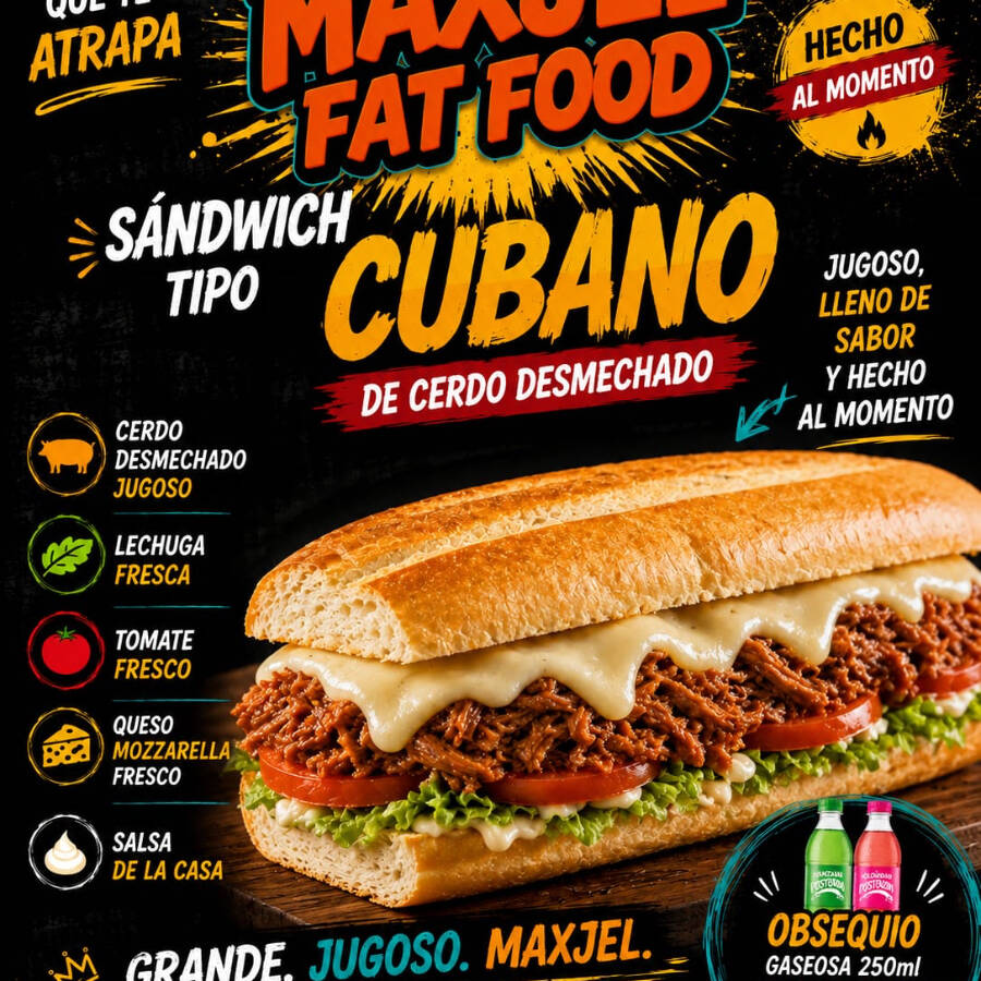 SÁNDWICH TIPO CUBANO CERDO + GASEOSA 250 ML