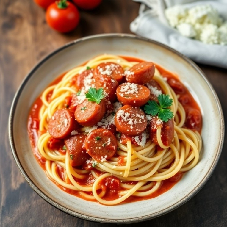 Spaghetti fino de sêmola com ovos, calabresa fatiada, molho de tomate pomodoro natural, cebola, cebolinha