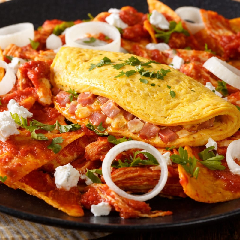 Chilaquiles Rojos con Omelett