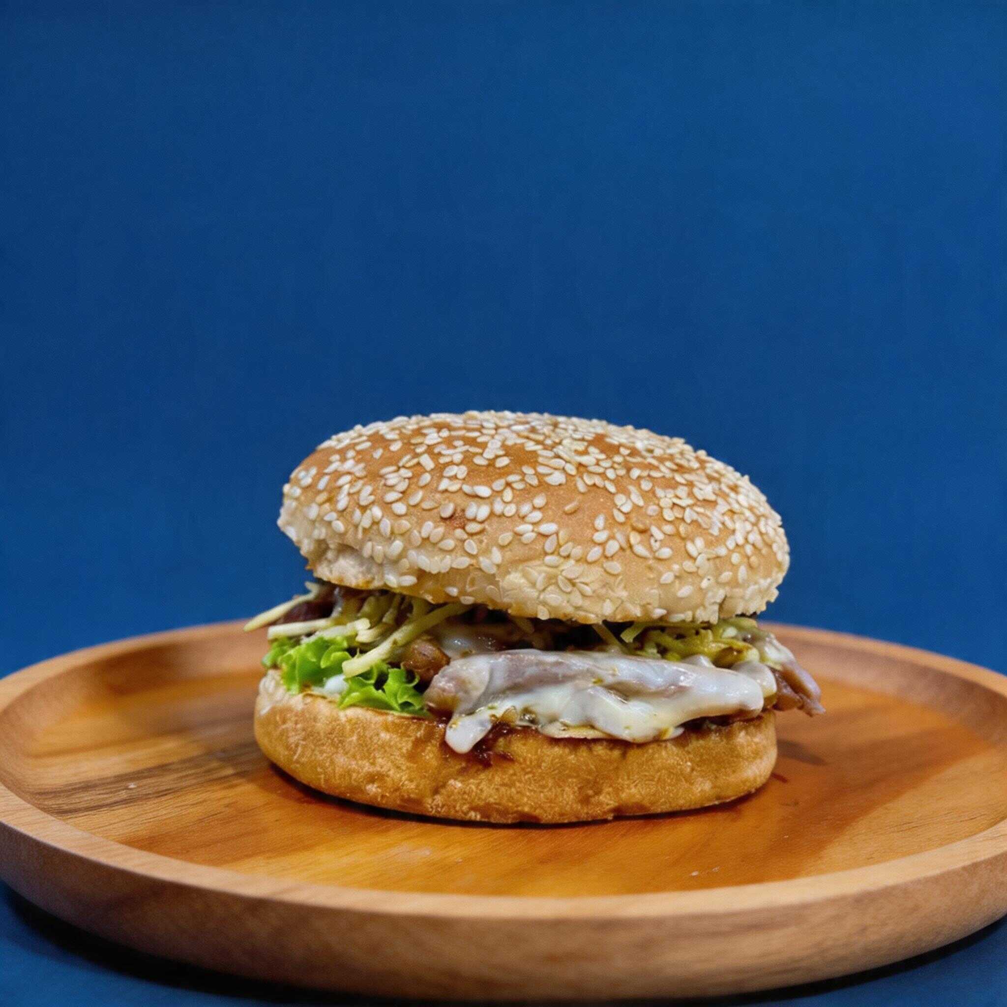 hamburguer, mussarela, alface, tomate e maionese