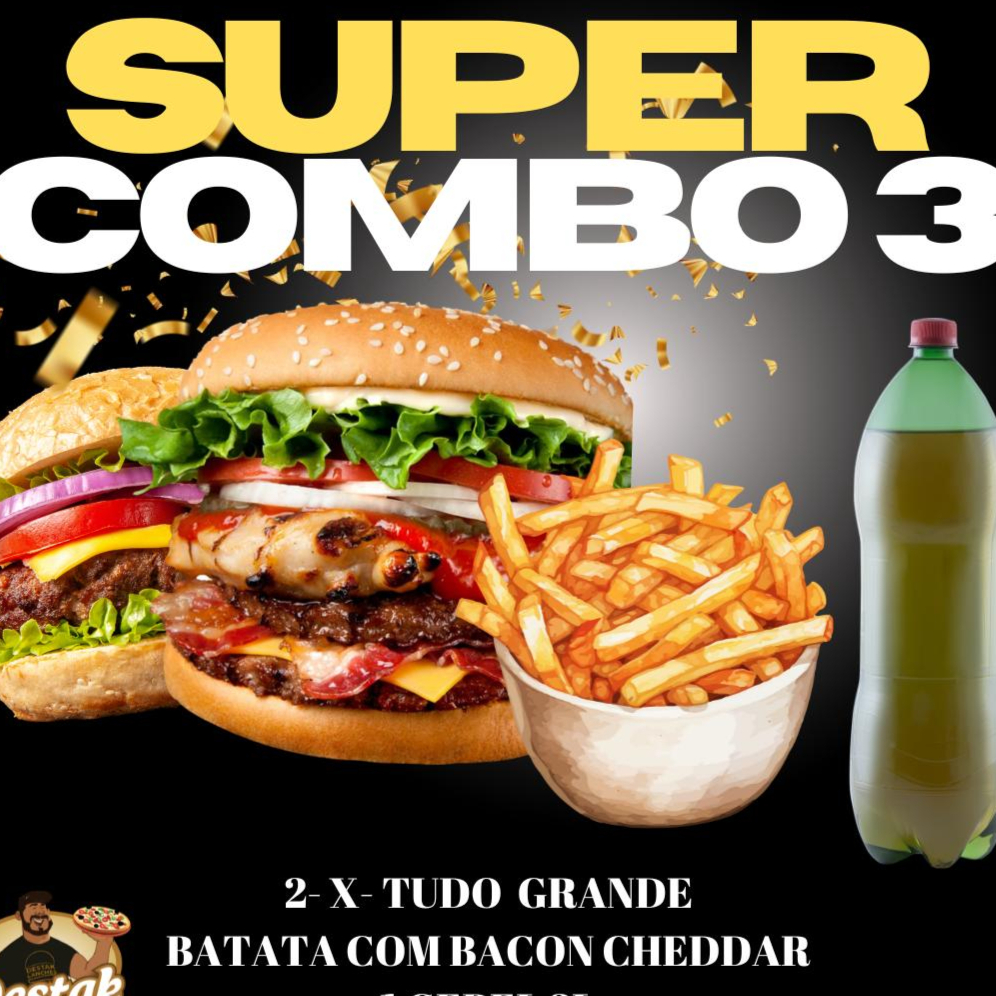 2 X TUDO GRANDE, BATATA CHEDDAR E BACON E GEBEL 2L