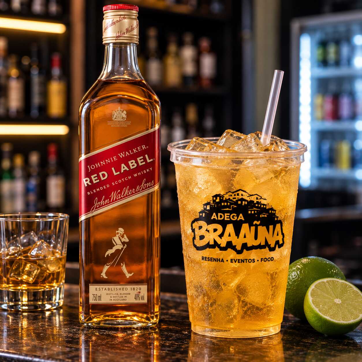 Copão preparado com whisky Red Label. Bebida pronta para consumo.