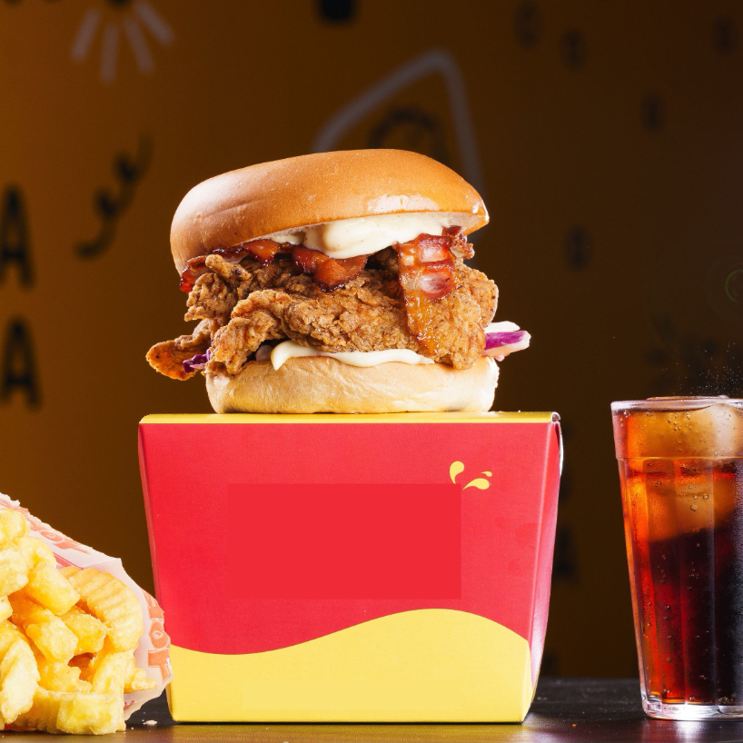 Fabuloso Lanche York preparado no pão Brioche, com melhor Frango Frito Crocante, Salada Coleslaw, Queijo Bacon e Molho. Acompanha Batata Frita + Refrigerante Lata. Foto Ilustrativa.