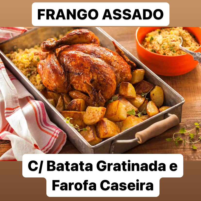 O combo 1 traz nosso delicioso frango assado, com uma porção media de batata gratinada (350 gramas) com calabresa, e farofa caseira