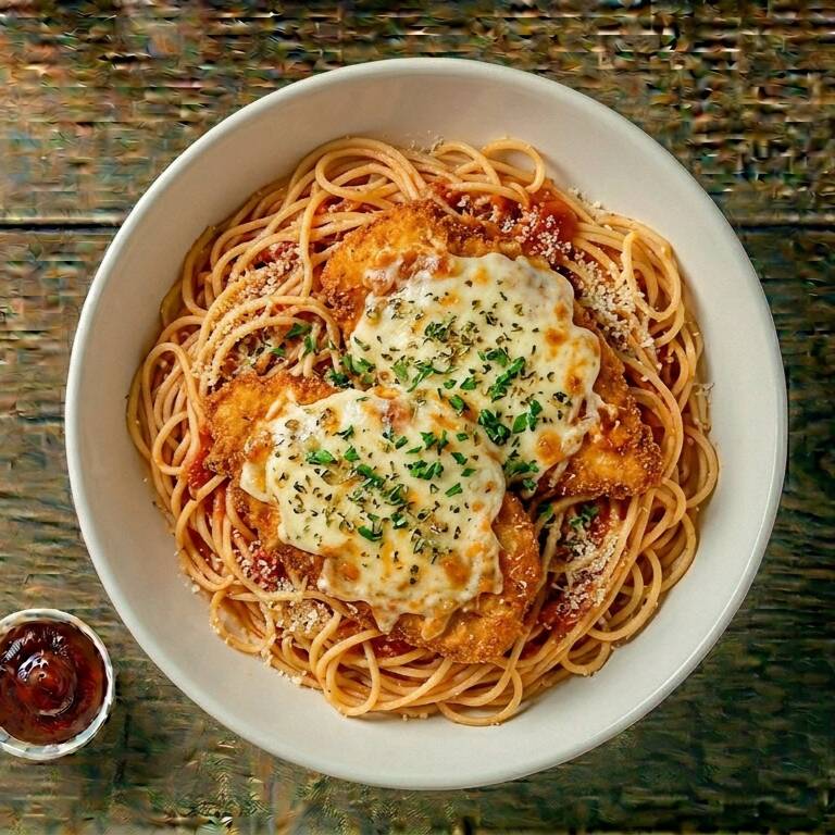Macarrão, frango parmegiana, com um toque de queijo e orégano