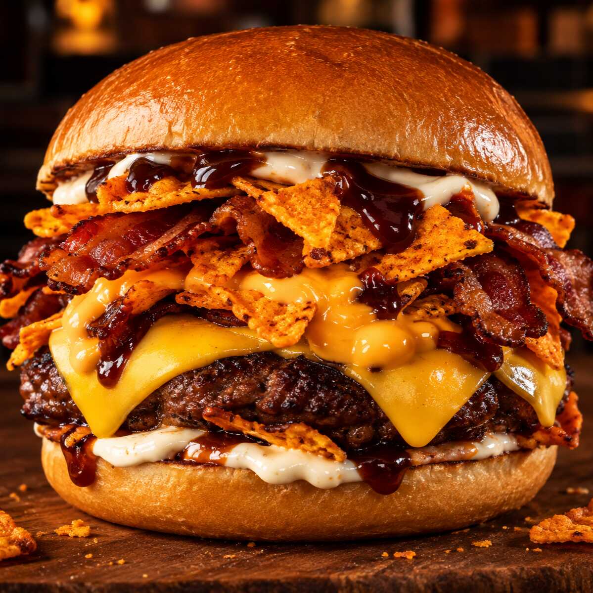 hamburguer + bacon + doritos + queijo + cheedar + maiones heins + molho bbq