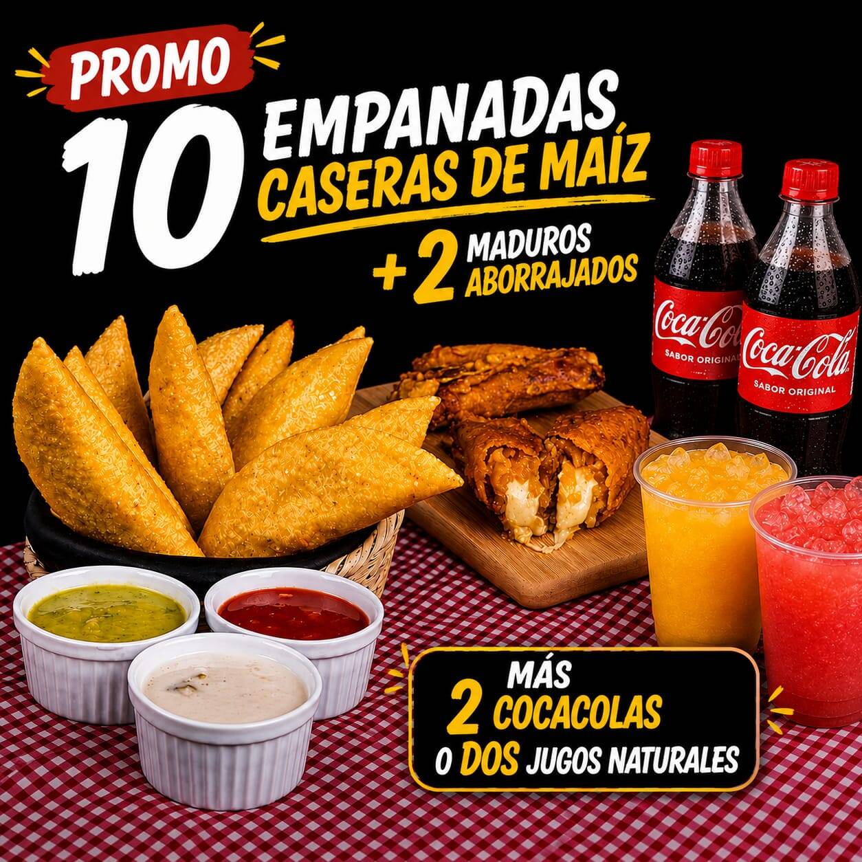 10 Empanadas + 2 Maduros Aborrajados + 2 Bebidas