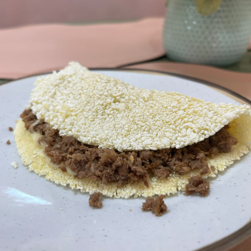 Deliciosa Tapioca, com Carne Patinho e Queijo Mussarela Sem Glúten Peso 150g