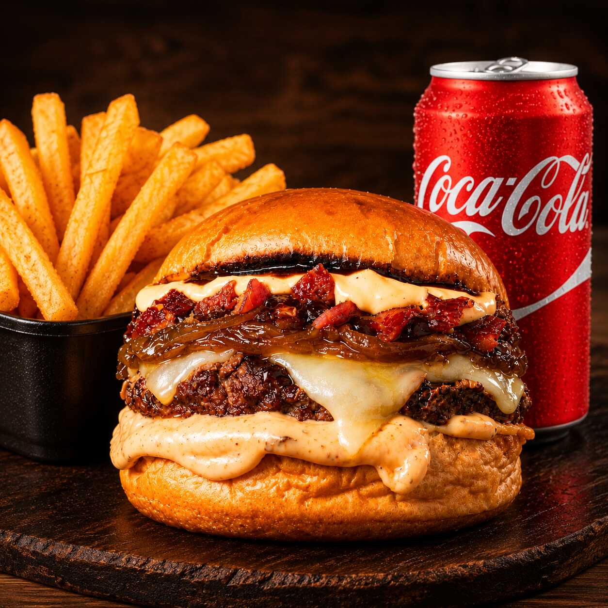 Delicioso Burger Na Brasa + Batata Sequinha e Crocante + Pepsi ou Coca Lata 350ml