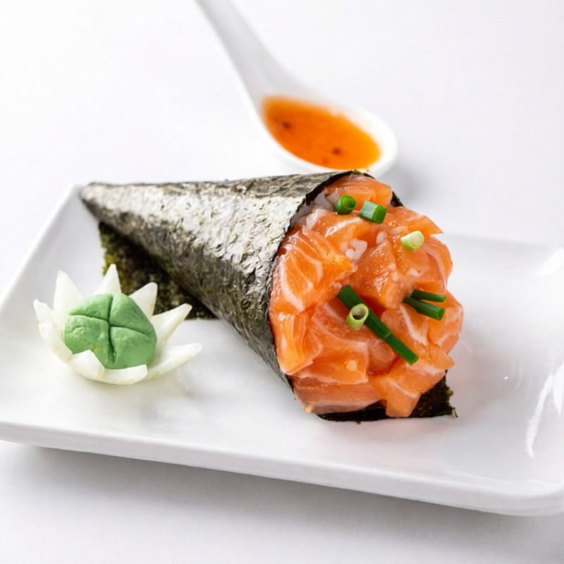 Salmão cortado em cubos, arroz shari e cebolinha, envolto em nori, ideal para os amantes de salmão fresco. *Atenção: Não enviamos (Shoyu,Teriaki, Porta Shoyu e Hashi)* Obs: Não fazemos modificação no Combo. _ _ #japonesa #chinesa #shoyo #salmão #camarão #suhi #yakisoba #temaki