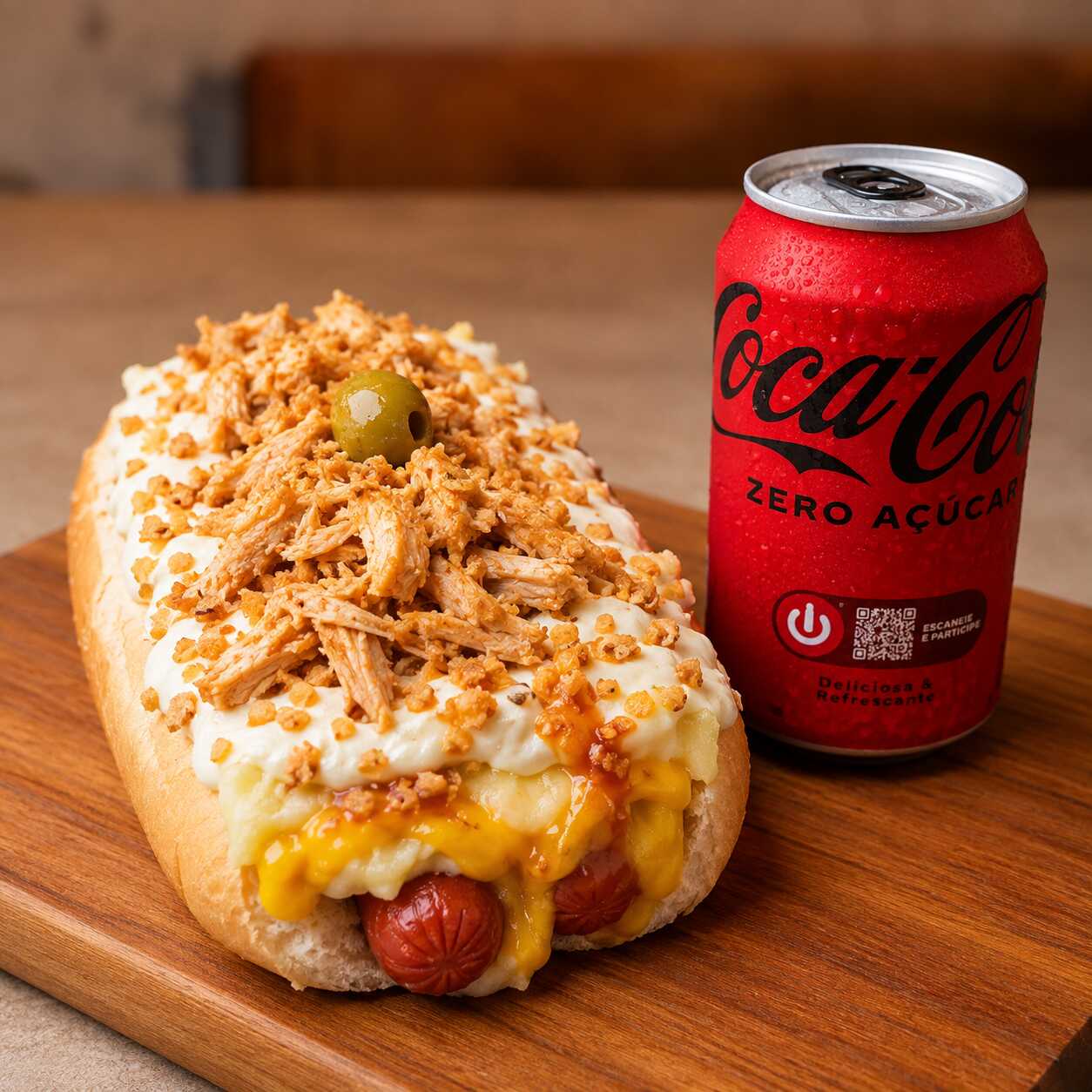 Pao 70 gramas, 1 salsicha, ketchup e mostarda, Vinagrete sem cebolas, milho, batata palha, frango desfiado ao molho de tomates, o melhor pure de batatas da vida, maionese hellmans temperada, alho frito e uma azeitonas.