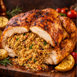 Frango inteiro cuidadosamente marinado para garantir sabor e suculência, assado lentamente até atingir o ponto perfeito, com pele dourada e levemente crocante por fora e carne macia por dentro. Recheado com farofa crocante e bem temperada, que absorve os sucos do assado e entrega um contraste irresistível de textura e sabor.