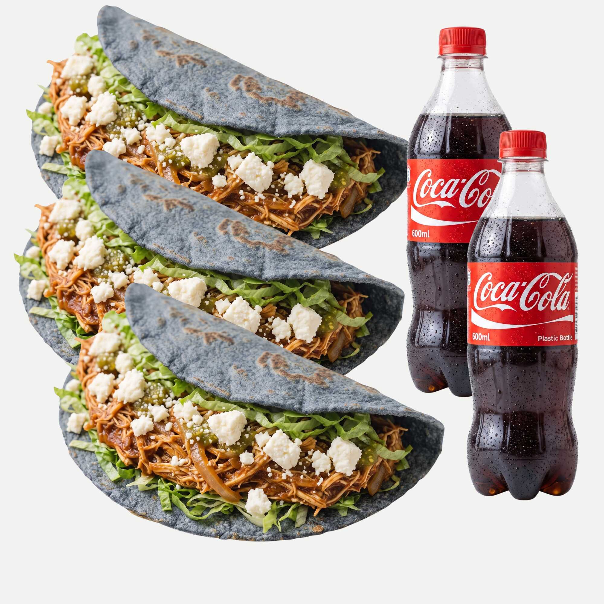 Quesadillas de Tinga de Pollo 3 Pz + 2 Cocacolas