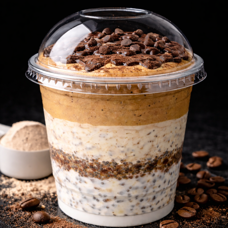 Aveia e chia hidratada no iogurte artesanal, café da chapada, whey protein de capuccino, cortina de chocolate 70%.