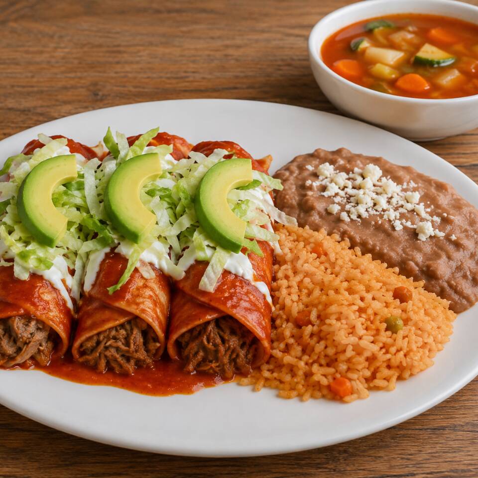 Enchiladas Rojas de res, pollo o queso