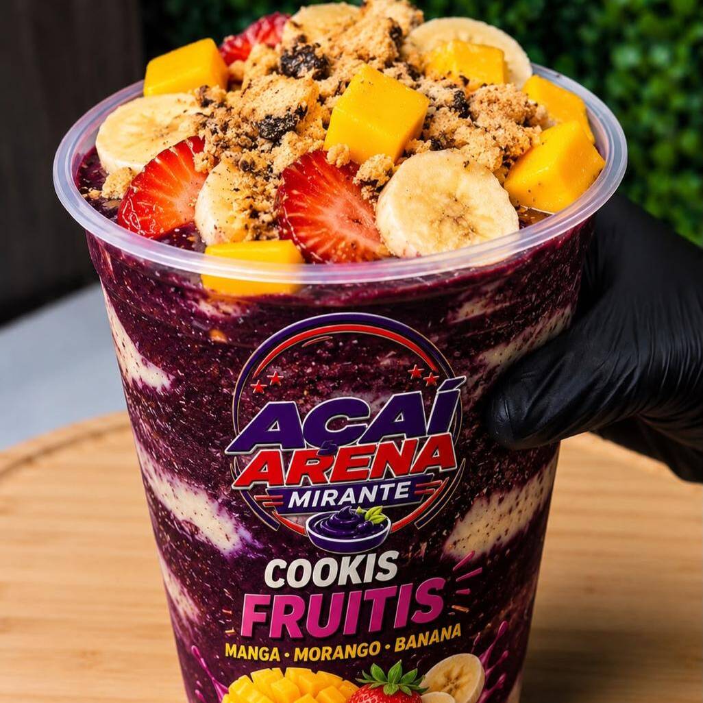 Creme de açaí, leite condensado, leite em pó, creme cookies, banana, manga, morango e cookies.
Em Camadas!