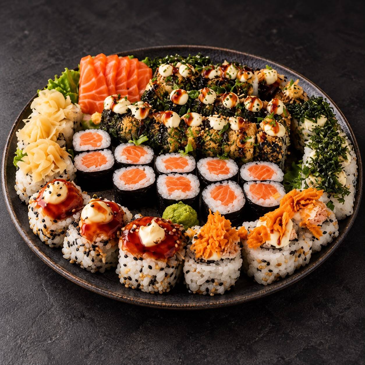 Fusion
• 20 Hot Holls
• 5 Sashimis de Salmão
• 10 Hossomakis de Salmão
• 10 Uramakis de Salmão Grelhado com Cream Cheese e Doritos
• 5 Uramakis Grelhados com Cream Cheese e Couve Crocante
• 5 Uramakis Grelhados com Cream Cheese e Crispy de Harumaki
• 5 Uramakis Grelhados com Cream Cheese e Geleia de Pimenta
Total: 60 peças
✨ Sabores para compartilhar