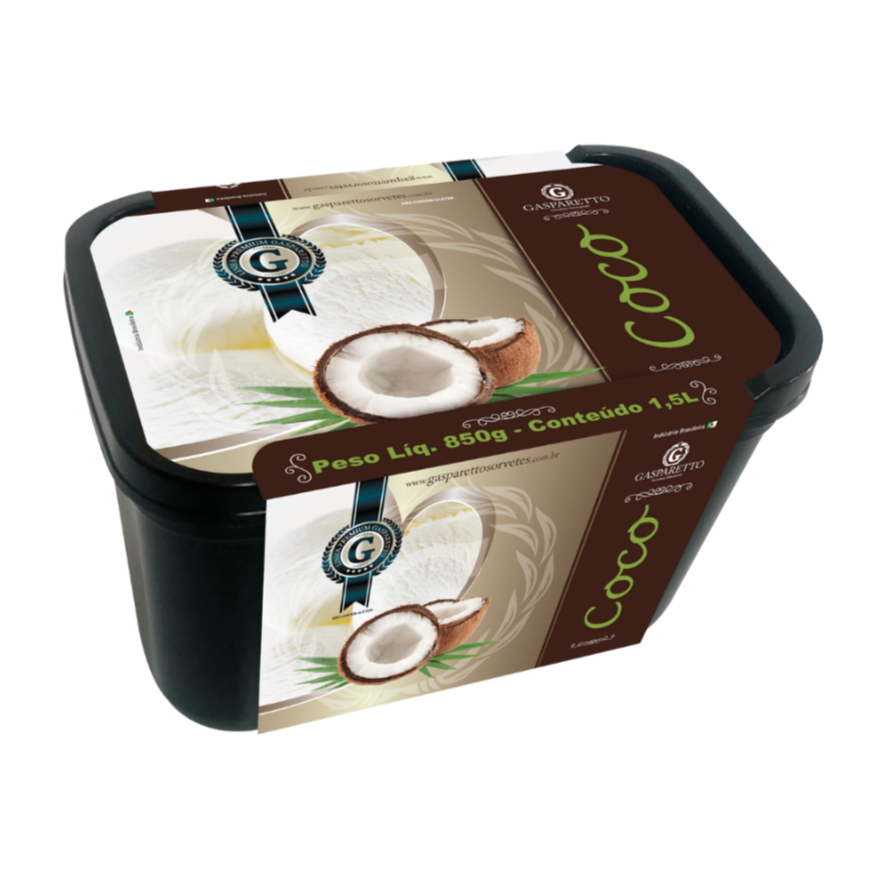 Sorvete artesanal Gasparetto sabor coco com pedaços da fruta. Pote 1,5L.
