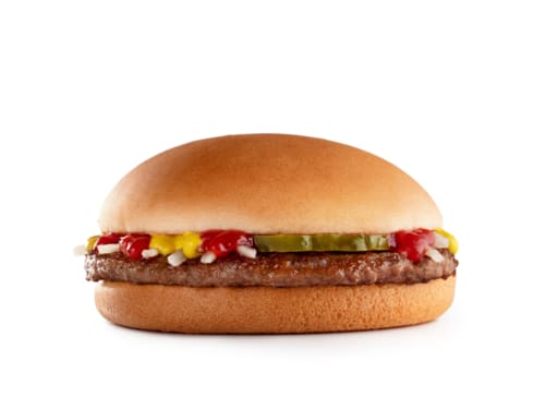 Um Hamburguer (100% carne bovina), cebola, picles, ketchup, mostarda e pão sem gergelim.